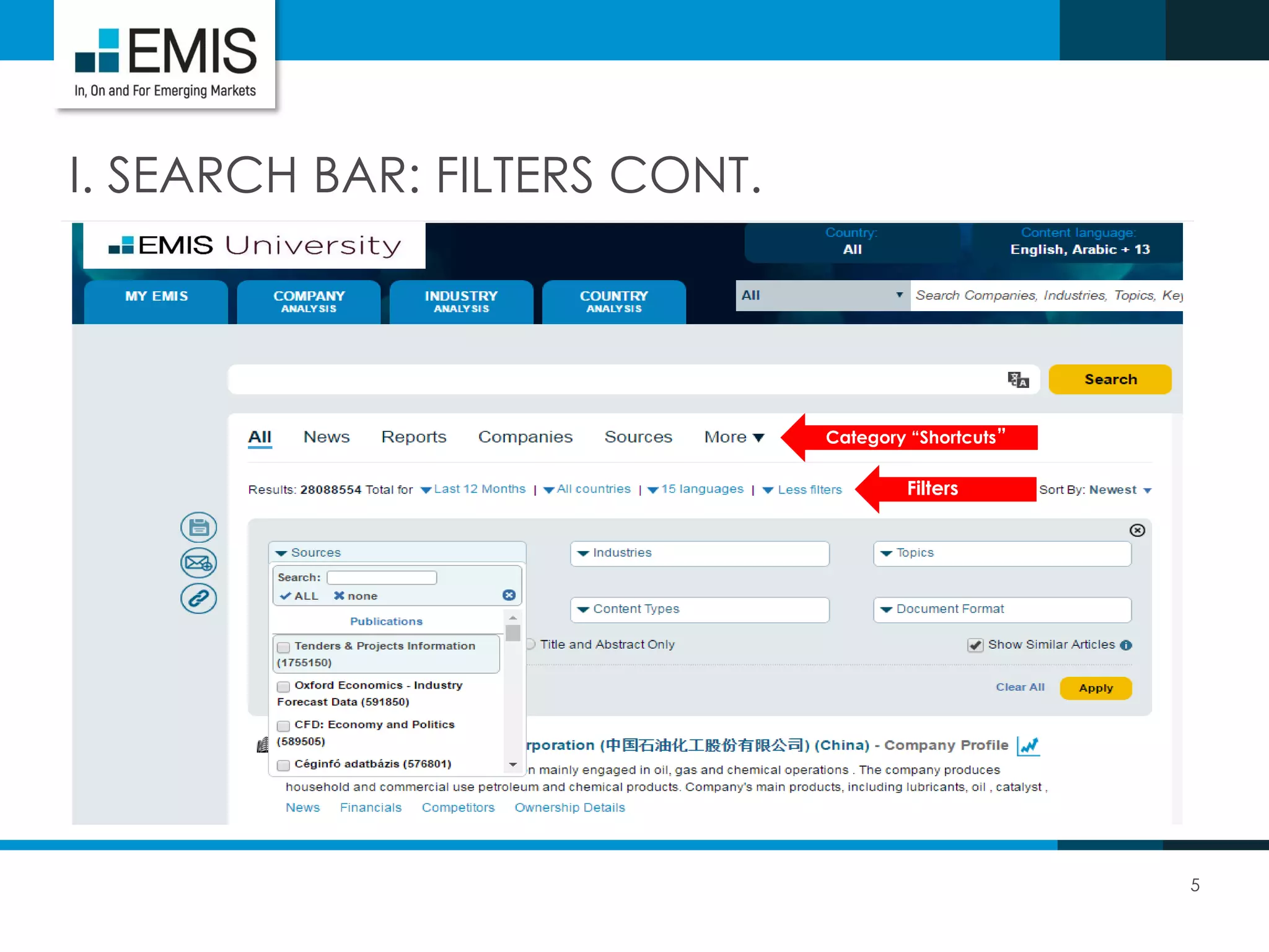 5
I. SEARCH BAR: FILTERS CONT.
Category “Shortcuts”
Filters
 