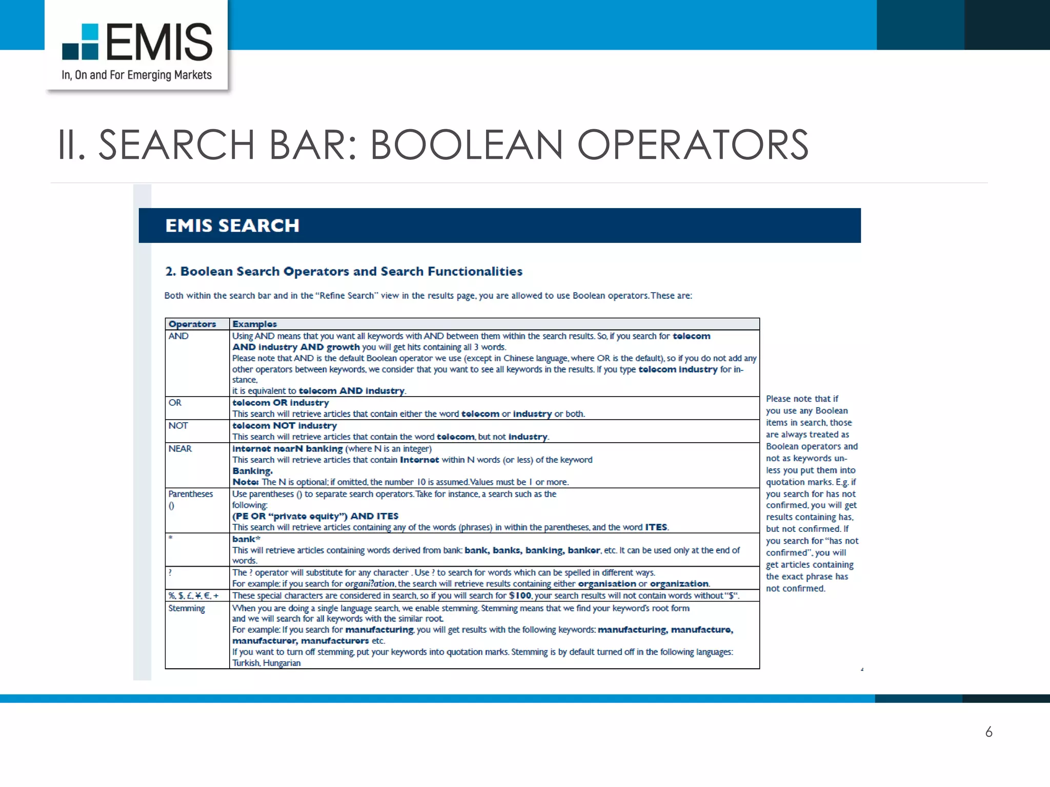 II. SEARCH BAR: BOOLEAN OPERATORS
6
 