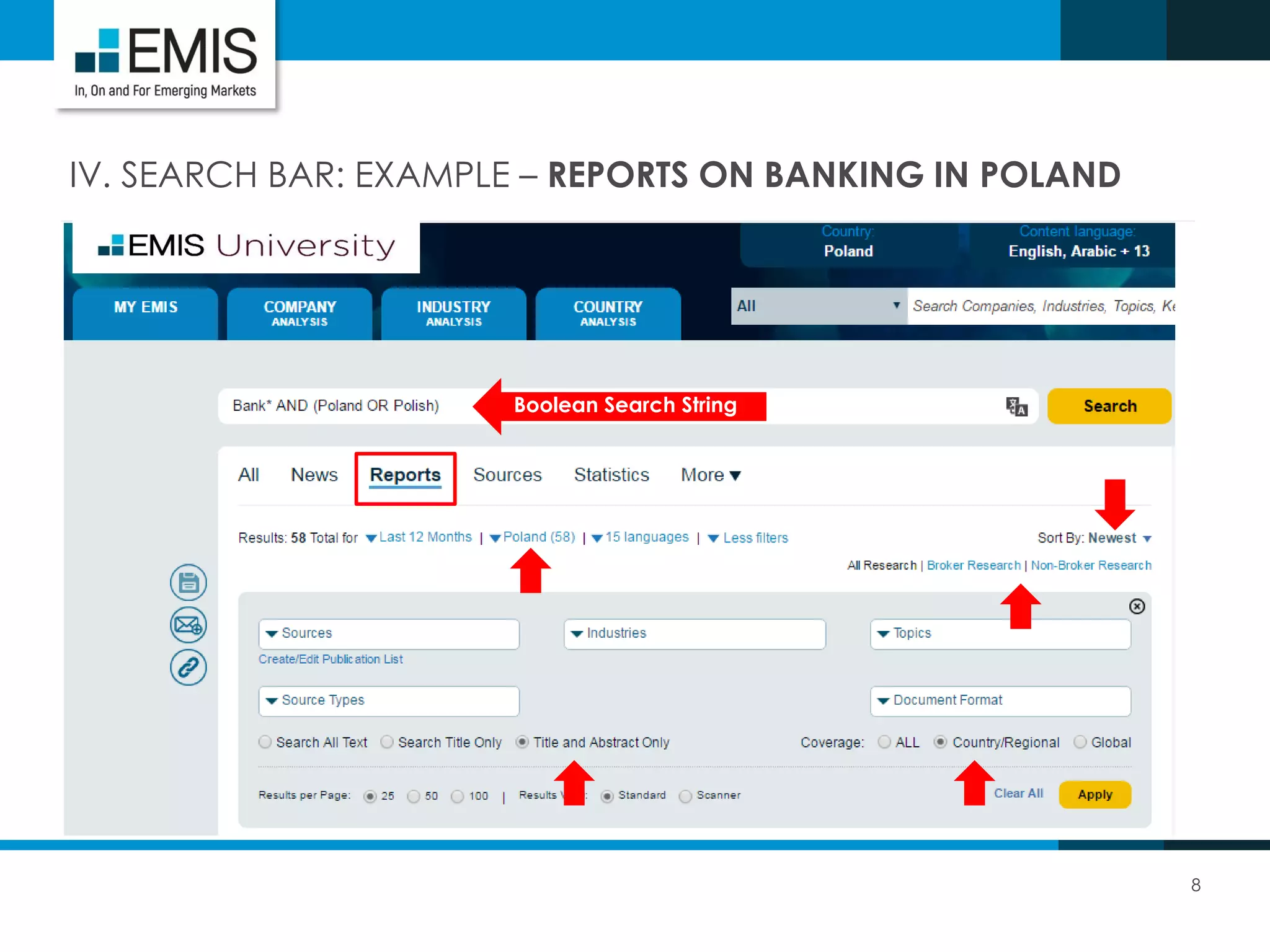 8
IV. SEARCH BAR: EXAMPLE – REPORTS ON BANKING IN POLAND
Boolean Search String
 