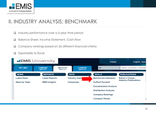 20
II. INDUSTRY ANALYSIS: BENCHMARK
 Industry performance over a 5-year time period
 Balance Sheet, Income Statement, Cash Flow
 Company rankings based on 26 different financial criteria
 Exportable to Excel
 