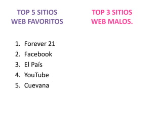 TOP 5 SITIOS
WEB FAVORITOS
1. Forever 21
2. Facebook
3. El País
4. YouTube
5. Cuevana
TOP 3 SITIOS
WEB MALOS.
 