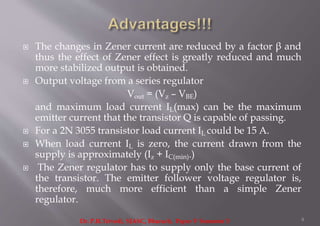  The changes in Zener current are reduced by a factor β and
thus the effect of Zener effect is greatly reduced and much
more stabilized output is obtained.
 Output voltage from a series regulator
Vout = (Vz – VBE)
and maximum load current IL(max) can be the maximum
emitter current that the transistor Q is capable of passing.
 For a 2N 3055 transistor load current IL could be 15 A.
 When load current IL is zero, the current drawn from the
supply is approximately (Iz + IC(min).)
 The Zener regulator has to supply only the base current of
the transistor. The emitter follower voltage regulator is,
therefore, much more efficient than a simple Zener
regulator.
8Dr. P.H.Trivedi, SJASC, Bharuch, Paper V Semester 3
 