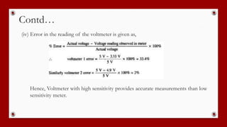 Contd…
(iv) Error in the reading of the voltmeter is given as,
Hence, Voltmeter with high sensitivity provides accurate measurements than low
sensitivity meter.
 