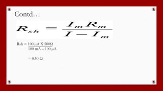 Contd…
Rsh = 100 µA X 500Ω
100 mA – 100 µA
= 0.50 Ω
 