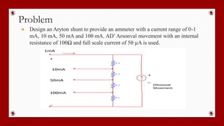 Problem
● Design an Aryton shunt to provide an ammeter with a current range of 0-1
mA, 10 mA, 50 mA and 100 mA. AD’Arsonval movement with an internal
resistance of 100Ω and full scale current of 50 µA is used.
 
