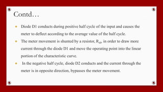 Contd…
● Diode D1 conducts during positive half cycle of the input and causes the
meter to deflect according to the average value of the half cycle.
● The meter movement is shunted by a resistor, Rsh, in order to draw more
current through the diode D1 and move the operating point into the linear
portion of the characteristic curve.
● In the negative half cycle, diode D2 conducts and the current through the
meter is in opposite direction, bypasses the meter movement.
 