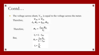Contd…
● The voltage across shunt, Vsh, is equal to the voltage across the meter.
Therefore,
Therefore,
But,
 