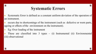 Systematic Errors
● Systematic Error is defined as a constant uniform deviation of the operation of
an instrument.
● occurs due to shortcomings of the instrument (such as defective or worn parts,
ageing or effects ofthe environment on the instrument).
● Eg: Over loading of the instrument
● These are classified into 3 types – (i) Instrumental (ii) Environmental
(iii) observational
 