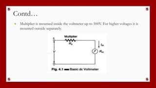 Contd…
● Multiplier is mounted inside the voltmeter up to 500V. For higher voltages it is
mounted outside separately.
 