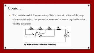 Contd…
● The circuit is modified by connecting all the resistors in series and the range
selector switch selects the appropriate amount of resistance required in series
with the movement.
 