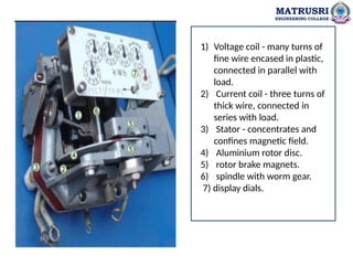 MATRUSRI
ENGINEERING COLLEGE
1) Voltage coil - many turns of
fine wire encased in plastic,
connected in parallel with
load.
2) Current coil - three turns of
thick wire, connected in
series with load.
3) Stator - concentrates and
confines magnetic field.
4) Aluminium rotor disc.
5) rotor brake magnets.
6) spindle with worm gear.
7) display dials.
 