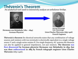 Thévenin’s Theorem
An analytical tool used to extensively analyze an unbalance bridge.
Thévenin's theorem for electrical networks states that any combination of voltage
sources and resistors with two terminals is electrically equivalent to a single voltage
source V and a single series resistor R. For single frequency AC systems the theorem
can also be applied to general impedances, not just resistors. The theorem was
first discovered by German physicist Hermann von Helmholtz in 1853, but
was then rediscovered in 1883 by French telegraph engineer Léon Charles
Thévenin (1857-1926).
Hermann von Helmholtz (1821 – 1894)
Léon Charles Thévenin (1857-1926)German Physicist
French Engineer
 