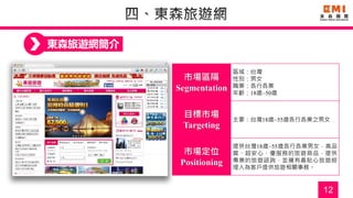 12
東森旅遊網簡介
市場區隔
Segmentation
區域：台灣
性別：男女
職業：各行各業
年齡：18歲~50歲
目標市場
Targeting
主要：台灣18歲~55歲各行各業之男女
市場定位
Positioning
提供台灣18歲~55歲各行各業男女，高品
質、超安心、優服務的旅遊商品，提供
專業的旅遊諮詢，並擁有最貼心旅遊經
理人為客戶提供旅遊相關事務。
 