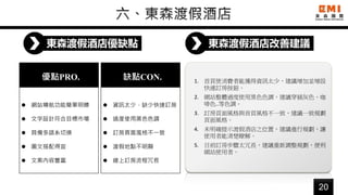 20
東森渡假酒店優缺點
優點PRO.
 網站導航功能簡單明瞭
 文字設計符合目標市場
 具備多語系切換
 圖文搭配得宜
 文案內容豐富
1. 首頁使消費者能獲得資訊太少，建議增加並增設
快速訂房按鈕。
2. 網站整體過度使用黑色色調，建議穿插灰色、咖
啡色..等色調。
3. 訂房頁面風格與首頁風格不一致，建議一致規劃
頁面風格。
4. 未明確提示渡假酒店之位置，建議進行規劃，讓
使用者能清楚瞭解。
5. 目前訂房步驟太冗長，建議重新調整規劃，便利
網站使用者。
東森渡假酒店改善建議
缺點CON.
 資訊太少，缺少快速訂房
 過度使用黑色色調
 訂房頁面風格不一致
 渡假地點不明顯
 線上訂房流程冗長
 