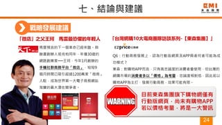 24
戰略發展建議
「微店」之父王珂 馬雲最恐懼的年輕人
馬雲預言的下一個革命已經來臨。與
臉書創辦人祖克柏同年，年僅30歲的
網路創業家──王珂，今年1月創辦的
手機社群商務平台「微店」，短短9
個月時間已吸引超過1200萬家「微商」
入駐，成為世界第一大電子商務網站
淘寶的最大潛在競爭者。
「台灣網購10大電商團隊訪談系列-【東森集團】」
Q6：行動商務發展上，認為行動版網頁及APP兩者何者可能為成
功模式？
東森：對購物APP而言，只有高忠誠度的消費者會使用，但台灣的
網購市場的消費者多以「價格」為考量，忠誠度相對低，因此若以
購物APP為主打，發展行動商務，效果可能有限。
目前東森集團旗下購物網僅有
行動版網頁，尚未有購物APP
若以價格考量，將是一大警訊
 