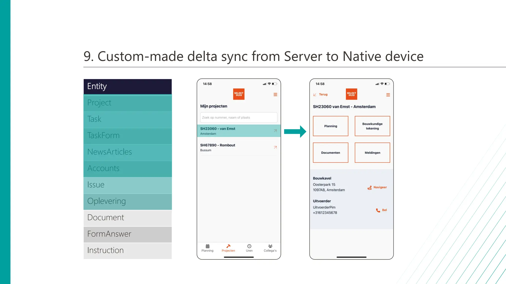9. Custom-made delta sync from Server to Native device
Entity
Project
Task
TaskForm
NewsArticles
Accounts
Issue
Oplevering
Document
FormAnswer
Instruction
 