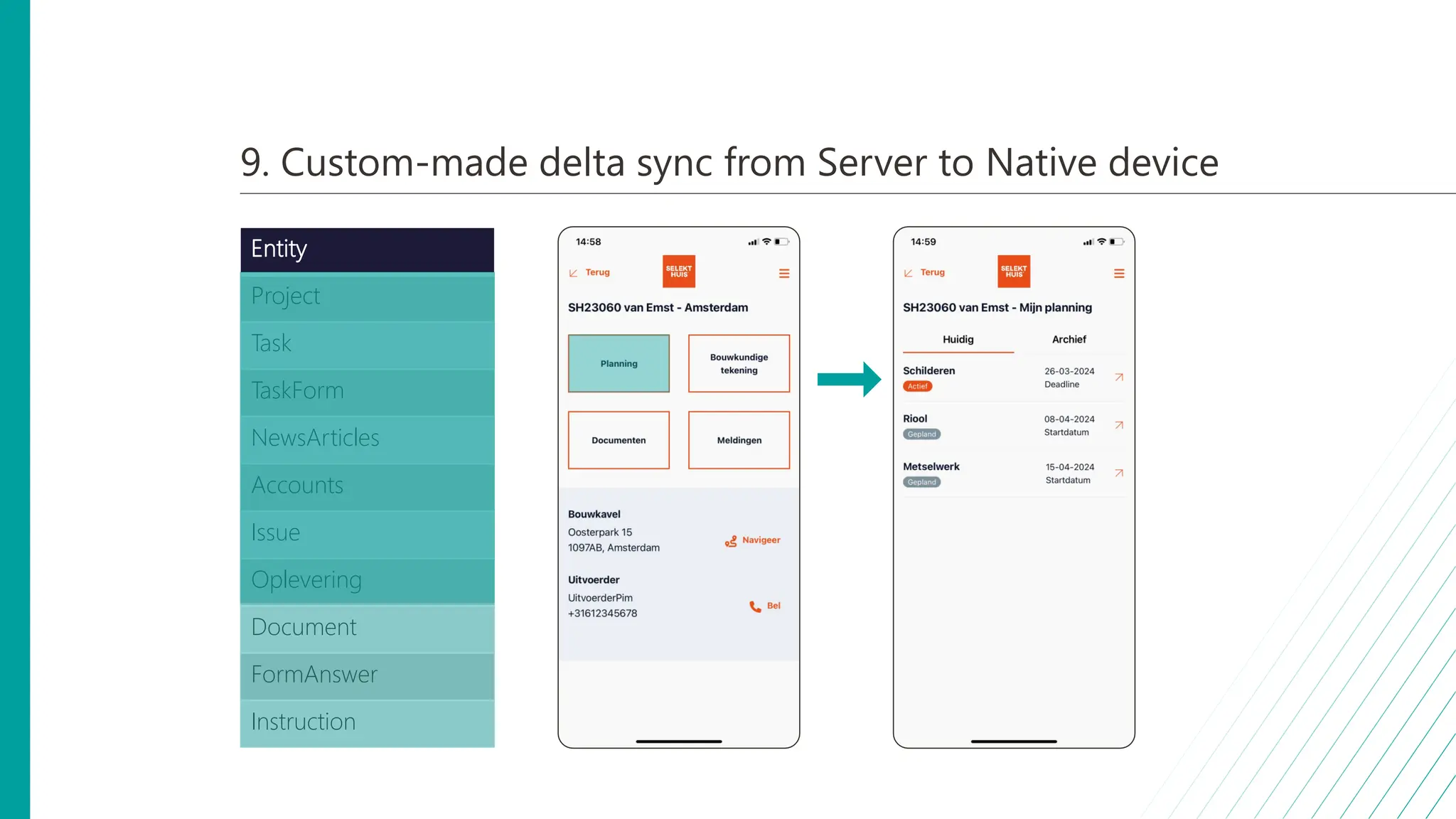 9. Custom-made delta sync from Server to Native device
Entity
Project
Task
TaskForm
NewsArticles
Accounts
Issue
Oplevering
Document
FormAnswer
Instruction
 