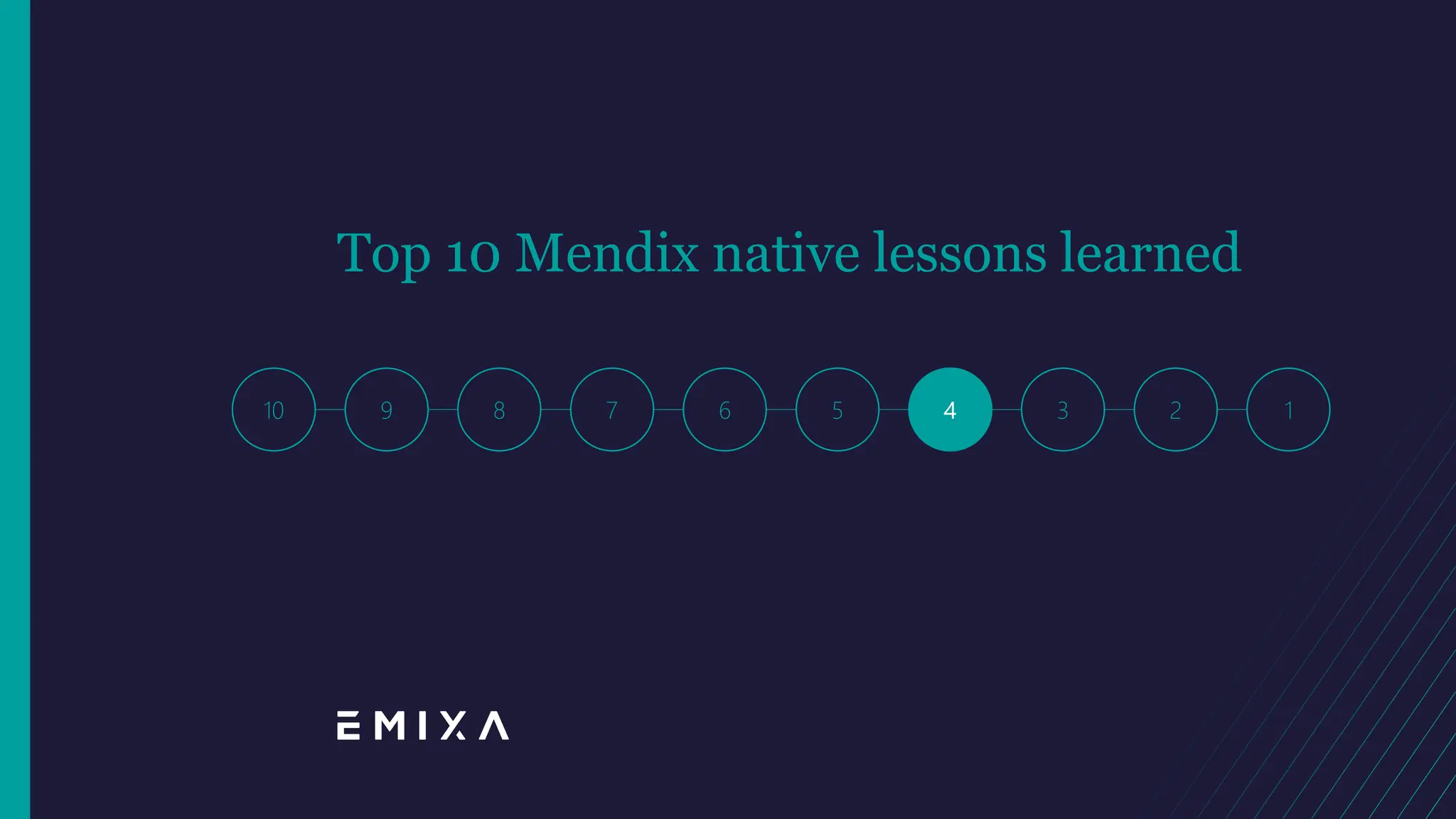 10 9 8 6 5 4 3 1
7 2
Top 10 Mendix native lessons learned
 