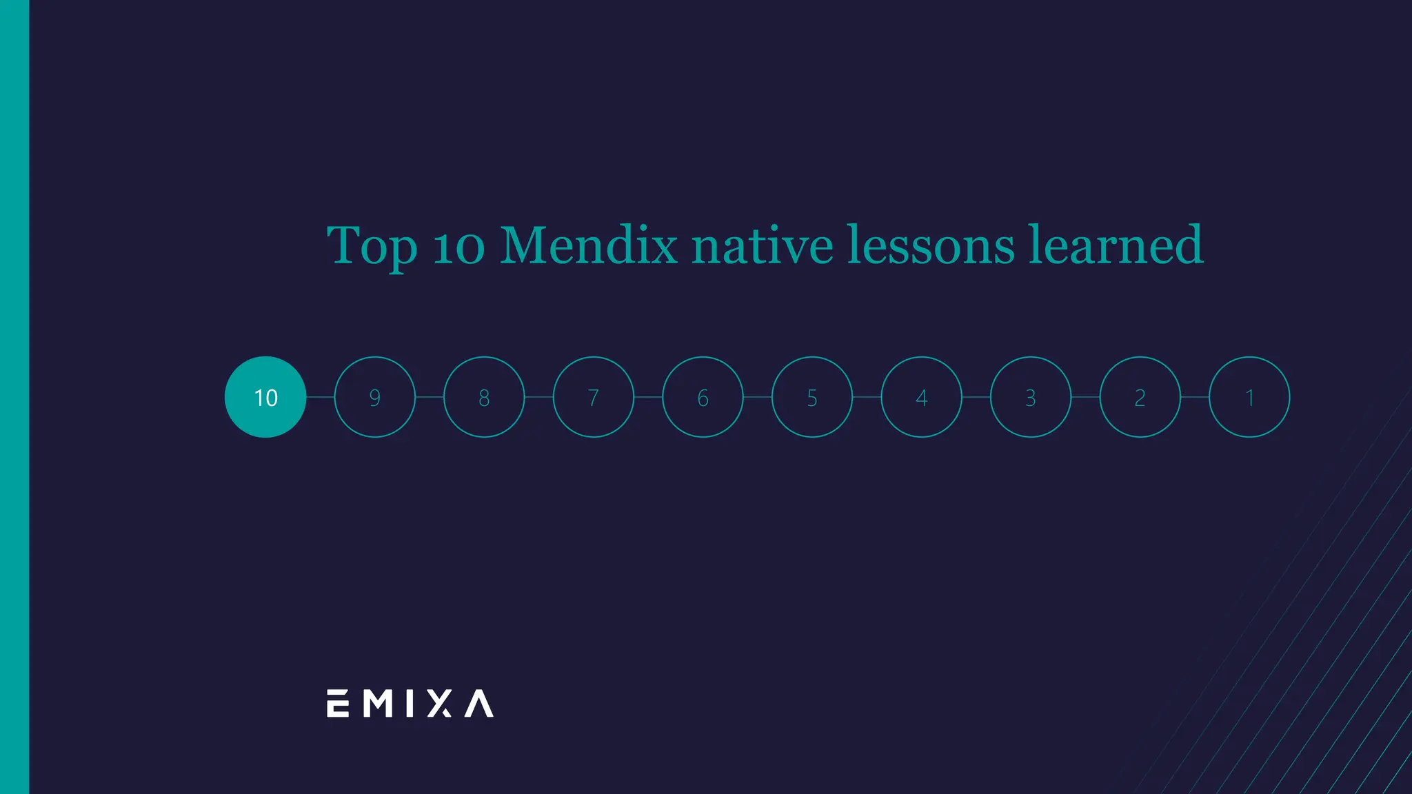 10 9 8 6 5 4 3 1
7 2
Top 10 Mendix native lessons learned
 