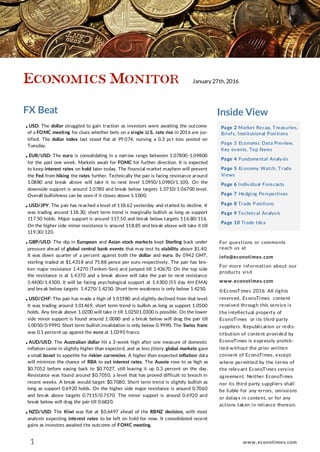 FX Beat Inside View
Page 2 Market Recap, Treasuries,
Briefs, Institutional Positions
Page 3 Economic Data Preview,
Key events, Top News
Page 4 Fundamental Analysis
Page 5 Economy Watch, Trade
Views
Page 6 Individual Forecasts
Page 7 Hedging Perspectives
Page 8 Trade Positions
Page 9 Technical Analysis
Page 10 Trade Idea
For questions or comments
reach us at
info@econotimes.com
For more information about our
products visit
www.econotimes.com
©EconoTimes 2016. All rights
reserved. EconoTimes content
received through this service is
the intellectual property of
EconoTimes or its third party
suppliers. Republication or redis-
tribution of content provided by
EconoTimes is expressly prohib-
ited without the prior written
consent of EconoTimes, except
where permitted by the terms of
the relevant EconoTimes service
agreement. Neither EconoTimes
nor its third party suppliers shall
be liable for any errors, omissions
or delays in content, or for any
actions taken in reliance thereon.
● USD: The dollar struggled to gain traction as investors were awaiting the outcome
of a FOMC meeting for clues whether bets on a single U.S. rate rise in 2016 are jus-
tified. The dollar index last stood flat at 99.074, nursing a 0.3 pct loss posted on
Tuesday.
● EUR/USD: The euro is consolidating in a narrow range between 1.07800-1.09800
for the past one week. Markets await for FOMC for further direction. It is expected
to keep interest rates on hold later today. The financial market mayhem will prevent
the Fed from hiking the rates further. Technically the pair is facing resistance around
1.0880 and break above will take it to next level 1.0950/1.0980/1.100. On the
downside support is around 1.0780 and break below targets 1.0710/1.06700 level.
Overall bullishness can be seen if it closes above 1.1000.
● USD/JPY: The pair has reached a level of 118.62 yesterday and started to decline. It
was trading around 118.30, short term trend is marginally bullish as long as support
117.50 holds. Major support is around 117.50 and break below targets 116.80/116.
On the higher side minor resistance is around 118.85 and break above will take it till
119.30/120.
● GBP/USD: The dip in European and Asian stock markets kept Sterling back under
pressure ahead of global central bank events that may test its stability above $1.40.
It was down quarter of a percent against both the dollar and euro. By 0942 GMT,
sterling traded at $1.4318 and 75.88 pence per euro respectively. The pair has bro-
ken major resistance 1.4270 (Tenken-Sen) and jumped till 1.43670. On the top side
the resistance is at 1.4370 and a break above will take the pair to next resistance
1.4400/1.4500. It will be facing psychological support at 1.4300 (55 day 4H EMA)
and break below targets 1.4270/1.4250. Short term weakness is only below 1.4250.
● USD/CHF: The pair has made a high of 1.01980 and slightly declined from that level.
It was trading around 1.01469, short term trend is bullish as long as support 1.0500
holds. Any break above 1.0200 will take it till 1.02501.0300 is possible. On the lower
side minor support is found around 1.0080 and a break below will drag the pair till
1.0050/0.9990. Short term bullish invalidation is only below 0.9990. The Swiss franc
was 0.1 percent up against the euro at 1.0390 francs.
● AUD/USD: The Australian dollar hit a 3-week high after one measure of domestic
inflation came in slightly higher than expected, and as less jittery global markets gave
a small boost to appetite for riskier currencies. A higher than expected inflation data
will minimize the chance of RBA to cut interest rates. The Aussie rose to as high as
$0.7052 before easing back to $0.7027, still leaving it up 0.3 percent on the day.
Resistance was found around $0.7050, a level that has proved difficult to breach in
recent weeks. A break would target $0.7080. Short term trend is slightly bullish as
long as support 0.6920 holds. On the higher side major resistance is around 0.7060
and break above targets 0.7115/0.7170. The minor support is around 0.6920 and
break below will drag the pair till 0.6820.
● NZD/USD: The Kiwi was flat at $0.6497 ahead of the RBNZ decision, with most
analysts expecting interest rates to be left on hold for now. It consolidated recent
gains as investors awaited the outcome of FOMC meeting.
1
January 27th, 2016
www.econotimes.com
 