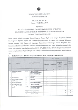 Pengumuman Seleksi CPNS Kementerian Perhubungan (Kemenhub) TA. 2017