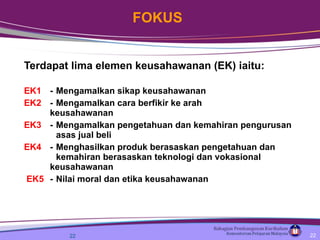 Terdapat lima elemen keusahawanan (EK) iaitu: EK1 - Mengamalkan sikap keusahawanan  EK2 - Mengamalkan cara berfikir ke arah  keusahawanan EK3 - Mengamalkan pengetahuan dan kemahiran pengurusan  asas jual beli  EK4 - Menghasilkan produk berasaskan pengetahuan dan  kemahiran berasaskan teknologi dan vokasional  keusahawanan EK5 - Nilai moral dan etika keusahawanan FOKUS 