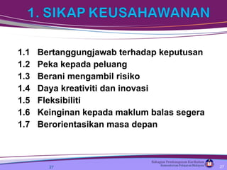 1.1  Bertanggungjawab terhadap keputusan 1.2  Peka kepada peluang 1.3  Berani mengambil risiko 1.4  Daya kreativiti dan inovasi 1.5  Fleksibiliti 1.6  Keinginan kepada maklum balas segera 1.7  Berorientasikan masa depan 