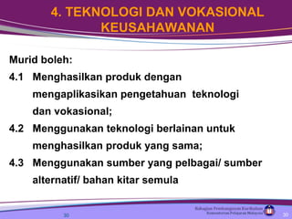 Murid boleh:
4.1 Menghasilkan produk dengan
mengaplikasikan pengetahuan teknologi
dan vokasional;
4.2 Menggunakan teknologi berlainan untuk
menghasilkan produk yang sama;
4.3 Menggunakan sumber yang pelbagai/ sumber
alternatif/ bahan kitar semula
30
4. TEKNOLOGI DAN VOKASIONAL
KEUSAHAWANAN
30
 
