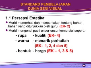 STANDARD PEMBELAJARAN
DUNIA SENI VISUAL
1.1 Persepsi Estetika:
Murid memerhati dan menceritakan tentang bahan-
bahan yang ditunjukkan oleh guru. (EK- 2)
Murid mengenal pasti unsur-unsur komersial seperti:
- rupa - kualiti (EK- 4)
- warna - menarik perhatian
(EK- 1, 2, 4 dan 5)
- bentuk - harga (EK – 1, 3 & 5)
33
 