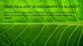 CÓMO REALIZAR UN DOCUMENTO EN BLANCO?
UN DOCUMENTO EN BLANCO LO PODEMOS REALIZAR DESDE GOOGLE
DRIVE ESTO NOS AYUDA A COMPARTIDOS Y ASÍ PODER TRABAJAR
JUNTOS
 