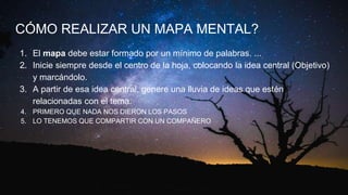CÓMO REALIZAR UN MAPA MENTAL?
1. El mapa debe estar formado por un mínimo de palabras. ...
2. Inicie siempre desde el centro de la hoja, colocando la idea central (Objetivo)
y marcándolo.
3. A partir de esa idea central, genere una lluvia de ideas que estén
relacionadas con el tema.
4. PRIMERO QUE NADA NOS DIERON LOS PASOS
5. LO TENEMOS QUE COMPARTIR CON UN COMPAÑERO
 