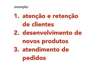 1. atenção e retenção
de clientes
2. desenvolvimento de
novos produtos
3. atendimento de
pedidos
exemplo:
 