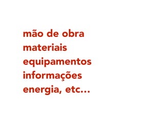 mão de obra
materiais
equipamentos
informações
energia, etc…
 
