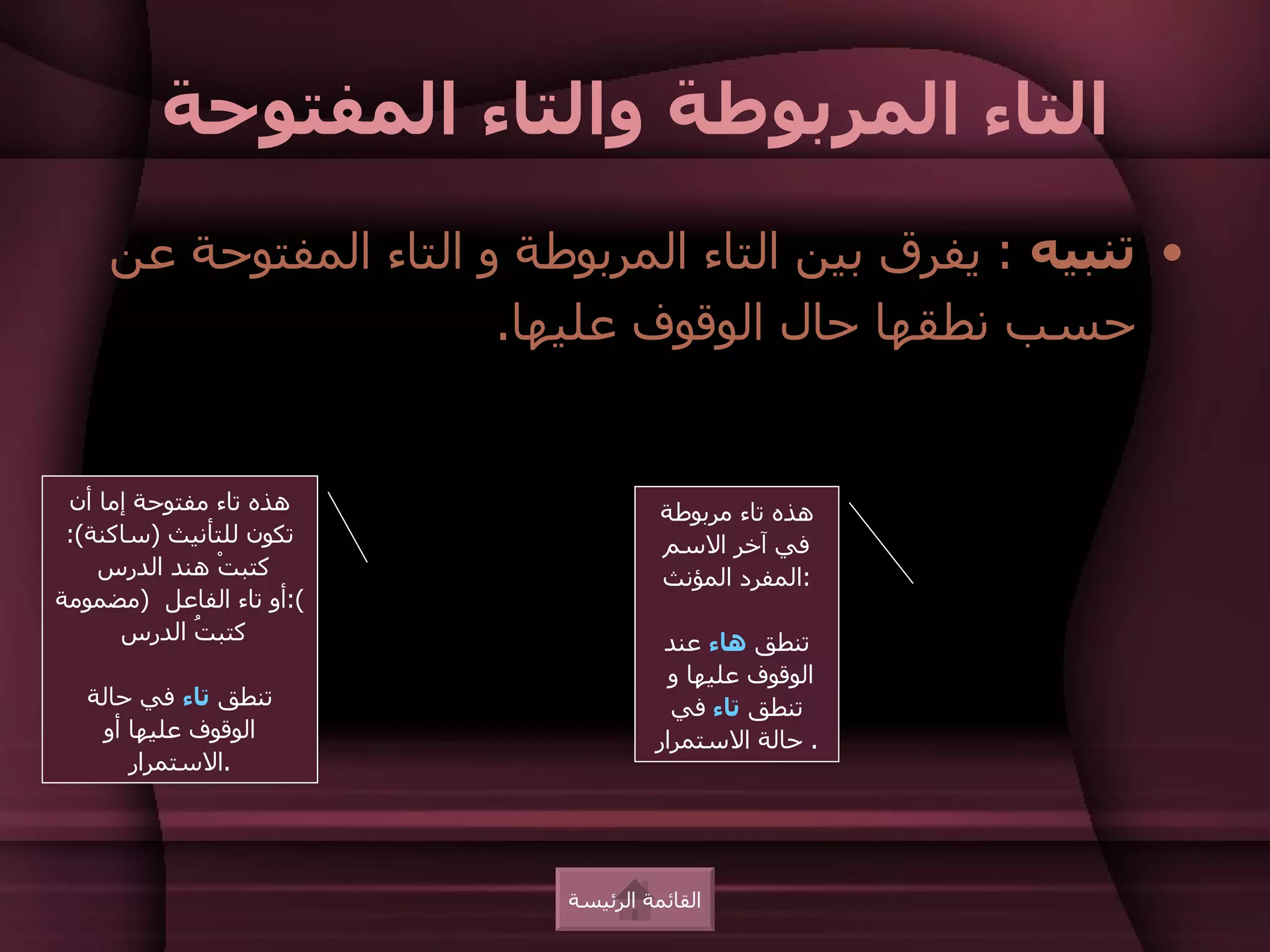 ‫التاء المربوطة والتاء المفتوحة‬
     ‫• تنبيه : يفرق بين التاء المربوطة و التاء المفتوحة عن‬
                        ‫حسب نطقها حال الوقوف عليها.‬


 ‫هذه تاء مفتوحة إما أن‬               ‫هذه تاء مربوطة‬
 ‫تكون للتأنيث )ساكنة(:‬               ‫في آخر السم‬
    ‫كتبتْ هند الدرس‬                  ‫:المفرد المؤنث‬
‫(:أو تاء الفاعل )مضمومة‬
      ‫كتب ُ الدرس‬
             ‫ت‬                       ‫تنطق هاء عند‬
                                      ‫الوقوف عليها و‬
  ‫تنطق تاء في حالة‬                    ‫تنطق تاء في‬
   ‫الوقوف عليها أو‬                  ‫. حالة الستمرار‬
      ‫.الستمرار‬




                           ‫القائمة الرئيسة‬
 