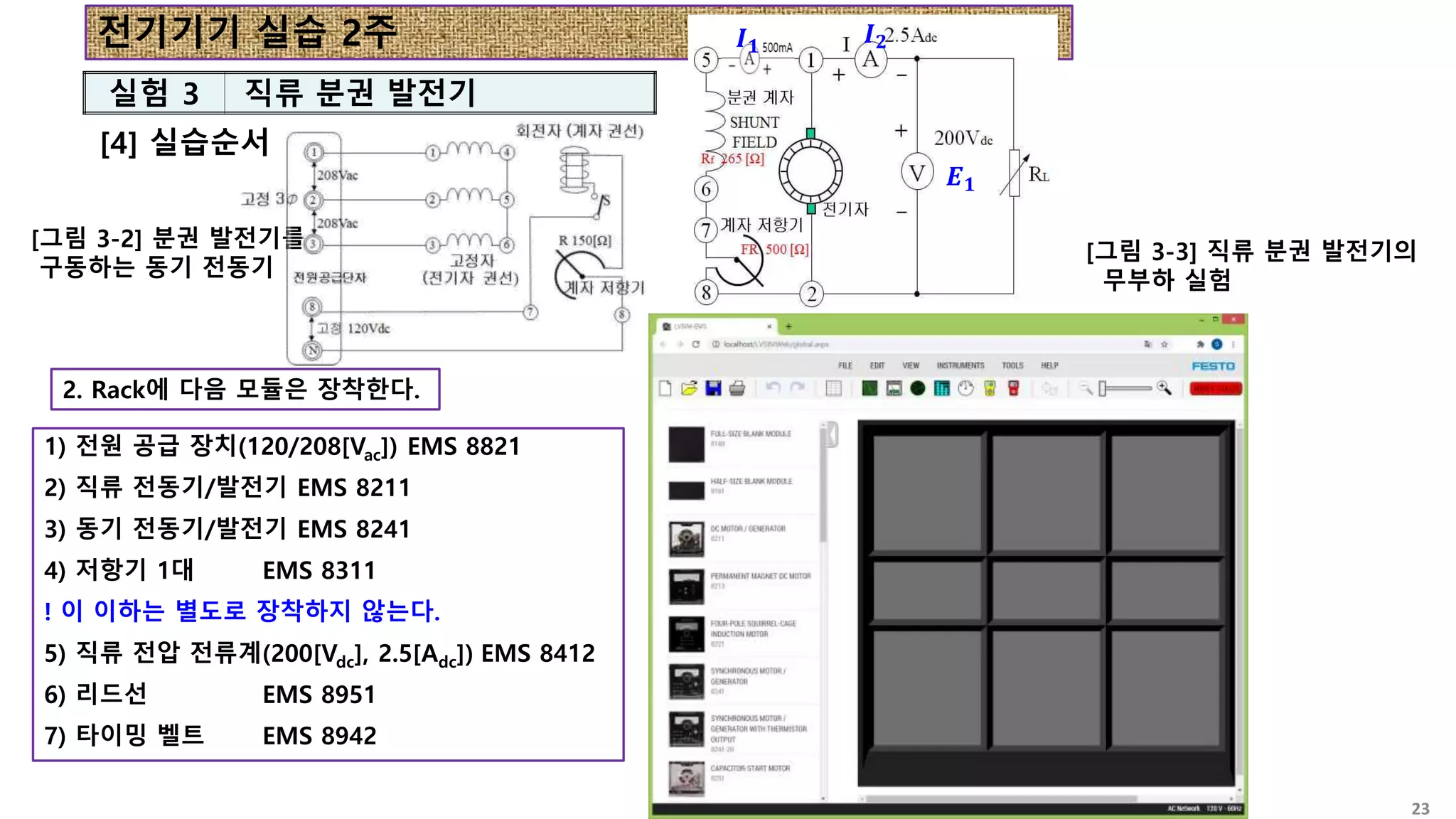전기기기 실습 2주
[4] 실습순서
실험 3 직류 분권 발전기
[그림 3-2] 분권 발전기를
구동하는 동기 전동기
[그림 3-3] 직류 분권 발전기의
무부하 실험
𝑰𝟏 𝑰𝟐
𝑬𝟏
2. Rack에 다음 모듈은 장착한다.
1) 전원 공급 장치(120/208[Vac]) EMS 8821
2) 직류 전동기/발전기 EMS 8211
3) 동기 전동기/발전기 EMS 8241
4) 저항기 1대 EMS 8311
! 이 이하는 별도로 장착하지 않는다.
5) 직류 전압 전류계(200[Vdc], 2.5[Adc]) EMS 8412
6) 리드선 EMS 8951
7) 타이밍 벨트 EMS 8942
23
 