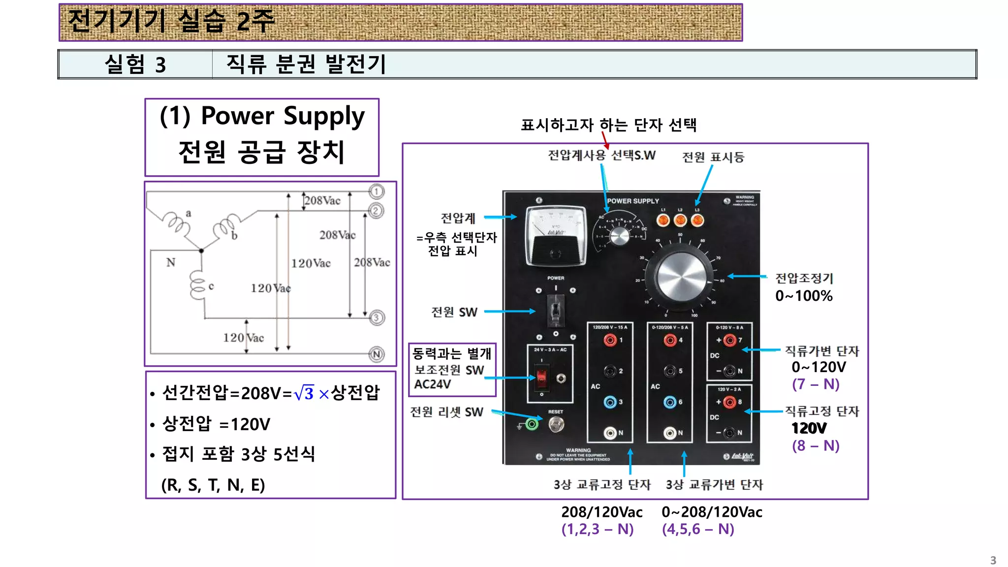 (1) Power Supply
전원 공급 장치
3
• 선간전압=208V= 𝟑 ×상전압
• 상전압 =120V
• 접지 포함 3상 5선식
(R, S, T, N, E)
표시하고자 하는 단자 선택
0~100%
0~120V
(7 – N)
120V
120V
(8 – N)
0~208/120Vac
(4,5,6 – N)
208/120Vac
(1,2,3 – N)
동력과는 별개
=우측 선택단자
전압 표시
실험 3 직류 분권 발전기
전기기기 실습 2주
 