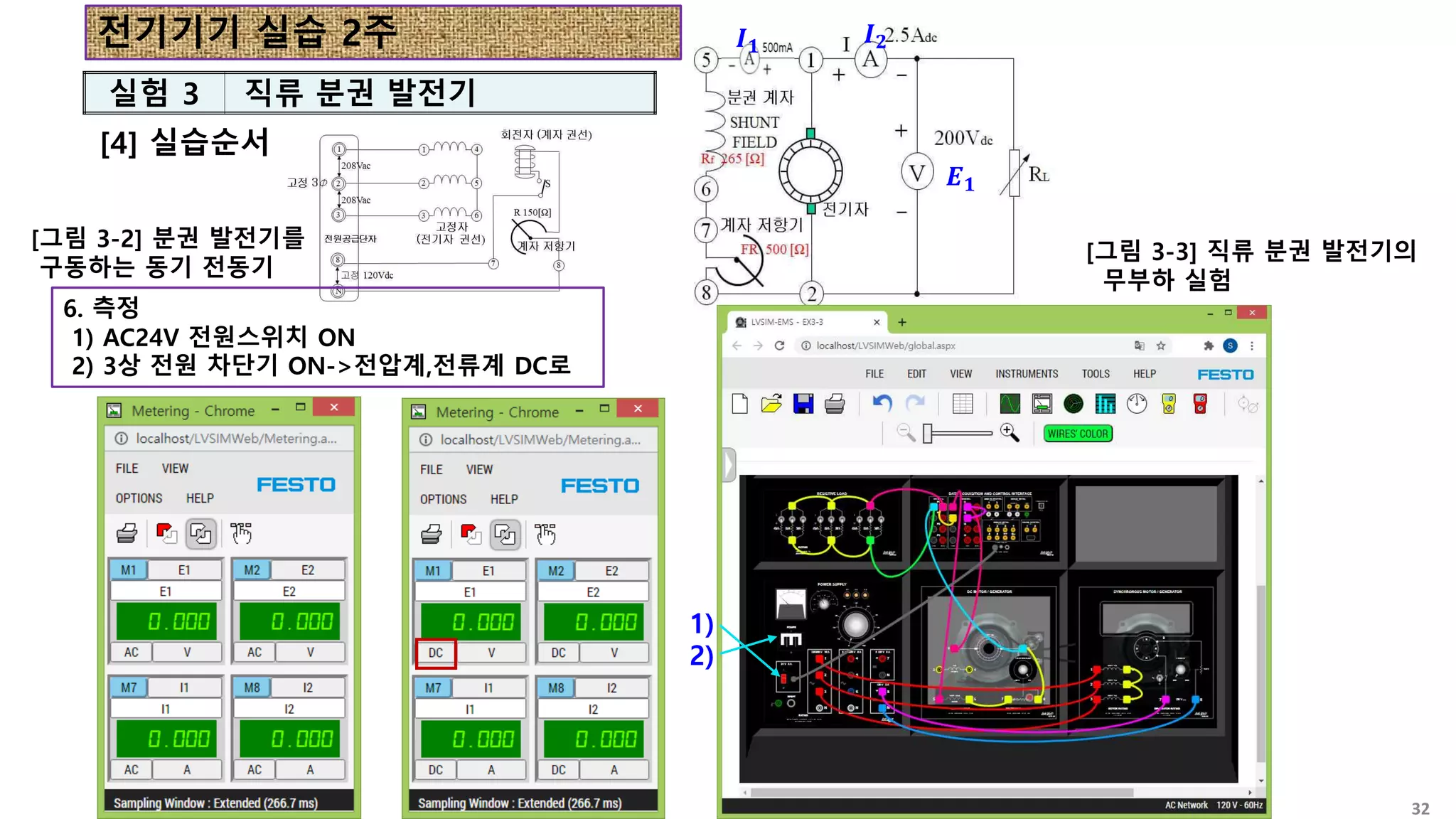 [4] 실습순서
실험 3 직류 분권 발전기
[그림 3-2] 분권 발전기를
구동하는 동기 전동기
[그림 3-3] 직류 분권 발전기의
무부하 실험
𝑰𝟏 𝑰𝟐
𝑬𝟏
6. 측정
1) AC24V 전원스위치 ON
2) 3상 전원 차단기 ON->전압계,전류계 DC로
1)
2)
전기기기 실습 2주
32
 