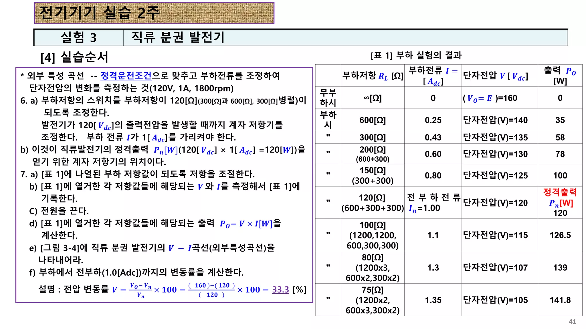 [4] 실습순서
41
* 외부 특성 곡선 -- 정격운전조건으로 맞추고 부하전류를 조정하여
단자전압의 변화를 측정하는 것(120V, 1A, 1800rpm)
6. a) 부하저항의 스위치를 부하저항이 120[Ω](300[Ω]과 600[Ω], 300[Ω]병렬)이
되도록 조정한다.
발전기가 120[ 𝑽𝒅𝒄]의 출력전압을 발생할 때까지 계자 저항기를
조정한다. 부하 전류 𝑰가 1[ 𝑨𝒅𝒄]를 가리켜야 한다.
b) 이것이 직류발전기의 정격출력 𝑷𝒏[𝑾](120[ 𝑽𝒅𝒄] × 1[ 𝑨𝒅𝒄] =120[𝑾])을
얻기 위한 계자 저항기의 위치이다.
7. a) [표 1]에 나열된 부하 저항값이 되도록 저항을 조절한다.
b) [표 1]에 열거한 각 저항값들에 해당되는 𝑽 와 𝑰를 측정해서 [표 1]에
기록한다.
C) 전원을 끈다.
d) [표 1]에 열거한 각 저항값들에 해당되는 출력 𝑷𝑶= 𝑽 × 𝑰[𝑾]을
계산한다.
e) [그림 3-4]에 직류 분권 발전기의 𝑽 − 𝑰곡선(외부특성곡선)을
나타내어라.
f) 부하에서 전부하(1.0[Adc])까지의 변동률을 계산한다.
설명 : 전압 변동률 𝑽 =
𝑽𝑶− 𝑽𝒏
𝑽𝒏
× 𝟏𝟎𝟎 =
( 𝟏𝟔𝟎 )−( 𝟏𝟐𝟎 )
( 𝟏𝟐𝟎 )
× 𝟏𝟎𝟎 = 33.3 [％]
부하저항 𝑹𝑳 [Ω]
부하전류 𝑰 =
[ 𝑨𝒅𝒄]
단자전압 𝑽 [ 𝑽𝒅𝒄]
출력 𝑷𝑶
[W]
무부
하시
∞[Ω] 0 ( 𝑽𝑶= 𝑬 )=160 0
부하
시
600[Ω] 0.25 단자전압(V)=140 35
" 300[Ω] 0.43 단자전압(V)=135 58
"
200[Ω]
(600+300)
0.60 단자전압(V)=130 78
"
150[Ω]
(300+300)
0.80 단자전압(V)=125 100
"
120[Ω]
(600+300+300)
전 부 하 전 류
𝑰𝒏=1.00
단자전압(V)=120
정격출력
𝑷𝒏[W]
120
"
100[Ω]
(1200,1200,
600,300,300)
1.1 단자전압(V)=115 126.5
"
80[Ω]
(1200x3,
600x2,300x2)
1.3 단자전압(V)=107 139
"
75[Ω]
(1200x2,
600x3,300x2)
1.35 단자전압(V)=105 141.8
[표 1] 부하 실험의 결과
실험 3 직류 분권 발전기
전기기기 실습 2주
 
