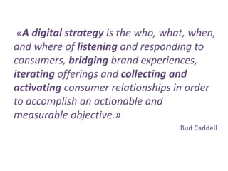 «A digital strategy is the who, what, when,
and where of listening and responding to
consumers, bridging brand experiences,
iterating offerings and collecting and
activating consumer relationships in order
to accomplish an actionable and
measurable objective.»
Bud Caddell
 