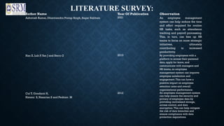LITERATURE SURVEY:
Author Name Year Of Publication Observation
Ashutosh Kumar, Dharmendra Pratap Singh, Sagar Subham 2021 An employee management
system can help reduce the time
and effort required for routine
HR tasks, such as attendance
tracking and payroll processing.
This, in turn, can free up HR
teams to focus on more strategic
initiatives, ultimately
contributing to increased
productivity.
Han X, Luh P,Yan J and Stern G 2010 By providing employees with a
platform to access their personal
data, apply for leave, and
communicate with managers and
HR teams, an employee
management system can improve
employee satisfaction and
engagement.This can have a
positive impact on employee
retention rates and overall
organizational performance.
Cui T, Goudarzi H,
Hatami S, Nazarian S and Pedram M
2012 An employee management system
can help ensure the security and
privacy of employee data by
providing centralized storage,
access control, and data
encryption.This can help mitigate
the risk of data breaches and
ensure compliance with data
protection regulations.
 