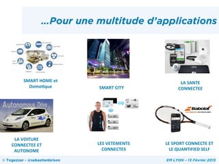 …Pour une multitude d’applications
SMART	
  HOME	
  et	
  
Domo/que	
   SMART	
  CITY	
  
LA	
  SANTE	
  
CONNECTEE	
  
LE	
  SPORT	
  CONNECTE	
  ET	
  
LE	
  QUANTIFIED	
  SELF	
  
LA	
  VOITURE	
  
CONNECTEE	
  ET	
  
AUTONOME	
  
LES	
  VETEMENTS	
  
CONNECTES	
  
© Togezzer - @sebastienbrison EM LYON – 13 Février 2015
 