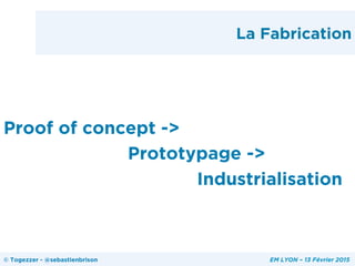 La Fabrication
Proof of concept ->
Prototypage ->
Industrialisation
© Togezzer - @sebastienbrison EM LYON – 13 Février 2015
 