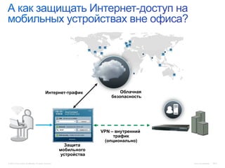 Интернет-трафик

Защита
мобильного
устройства
© 2010 Cisco and/or its affiliates. All rights reserved.

Облачная
безопасность

VPN – внутренний
трафик
(опционально)

Cisco Confidential

1847

 