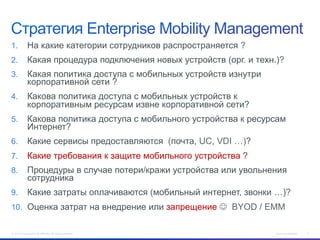 1. 

На какие категории сотрудников распространяется ?

2. 

Какая процедура подключения новых устройств (орг. и техн.)?

3. 

Какая политика доступа с мобильных устройств изнутри
корпоративной сети ?

4. 

Какова политика доступа с мобильных устройств к
корпоративным ресурсам извне корпоративной сети?

5. 

Какова политика доступа с мобильного устройства к ресурсам
Интернет?

6. 

Какие сервисы предоставляются (почта, UC, VDI …)?

7. 

Какие требования к защите мобильного устройства ?

8. 

Процедуры в случае потери/кражи устройства или увольнения
сотрудника

9. 

Какие затраты оплачиваются (мобильный интернет, звонки …)?

10.  Оценка затрат на внедрение или запрещение J BYOD / EMM

© 2012 Cisco and/or its affiliates. All rights reserved.

Cisco Confidential

8

 