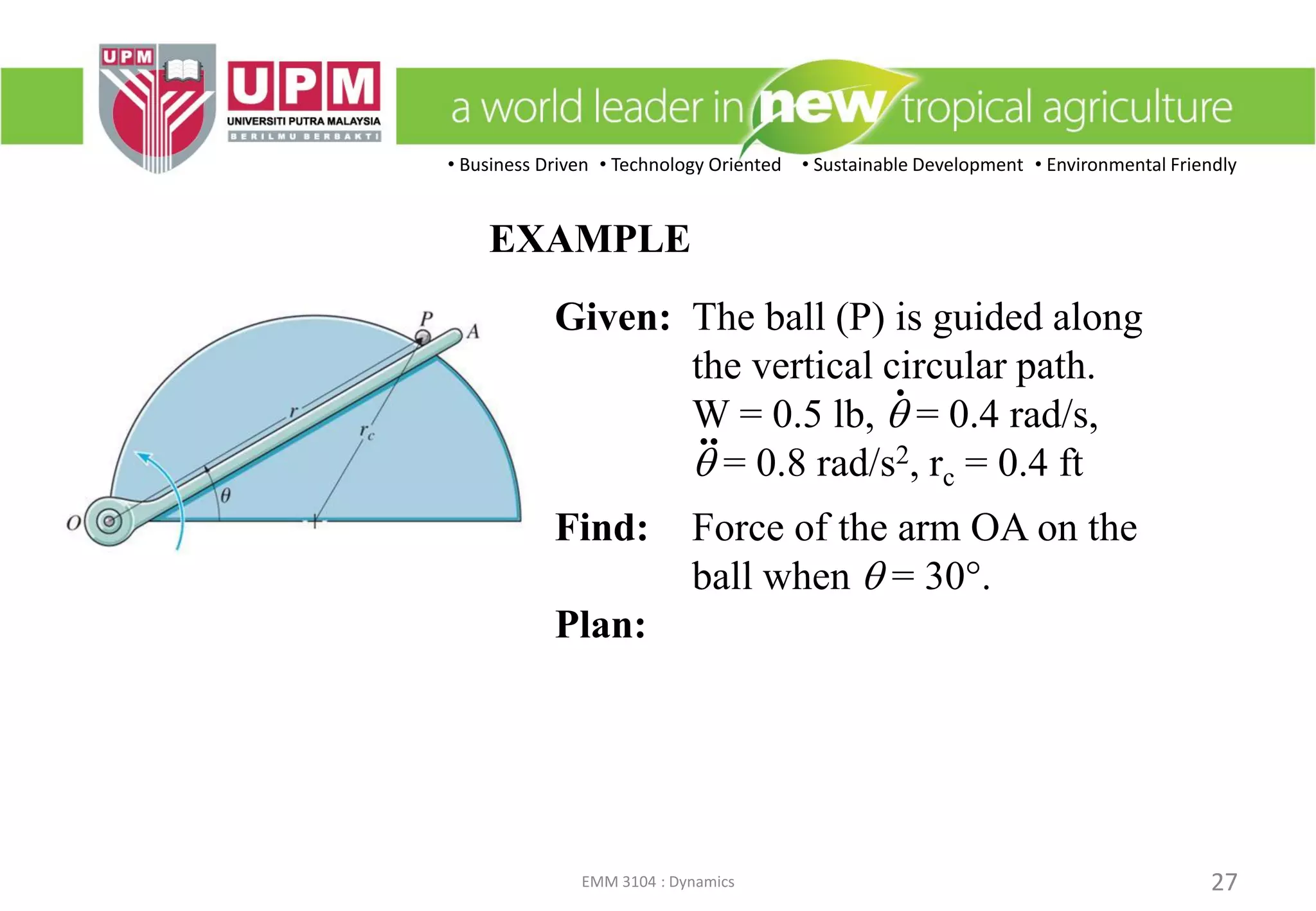 • Business Driven • Technology Oriented • Sustainable Development • Environmental Friendly
EMM 3104 : Dynamics 27
EXAMPLE
Given: The ball (P) is guided along
the vertical circular path.
W = 0.5 lb, q = 0.4 rad/s,
q = 0.8 rad/s2, rc = 0.4 ft
Find: Force of the arm OA on the
ball when q = 30.
Plan:
.
..
 