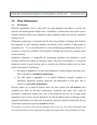 System Reliability Engineering And Plant Maintenance | PDF