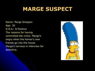 MARGE SUSPECT Name:  Marge Simpson Age:  30 D.N.A.:  B Positive The reasons for having  committed the crime:  Marge’s  angry when the homer’s new  friends go into the house.  Marge’s nervous in interview for  detective. 