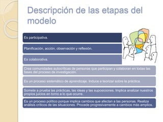 Descripción de las etapas del
modelo
Es participativa.
Planificación, acción, observación y reflexión.
Es colaborativa.
Crea comunidades autocríticas de personas que participan y colaboran en todas las
fases del proceso de investigación.
Es un proceso sistemático de aprendizaje. Induce a teorizar sobre la práctica.
Somete a prueba las prácticas, las ideas y las suposiciones. Implica analizar nuestros
propios juicios en torno a lo que ocurre.
Es un proceso político porque implica cambios que afectan a las personas. Realiza
análisis críticos de las situaciones. Procede progresivamente a cambios más amplios.
 