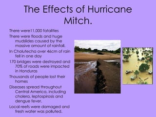 The Effects of Hurricane Mitch. There were11,000 fatalities There were floods and huge mudslides caused by the massive amount of rainfall. In Cholutecha over 46cm of rain fell in one day 170 bridges were destroyed and 70% of roads were impacted in Honduras Thousands of people lost their homes Diseases spread throughout Central America, including cholera, leptospirosis and dengue fever. Local reefs were damaged and fresh water was polluted. 