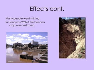 Effects cont. Many people went missing. In Honduras 90%of the banana crop was destroyed. 